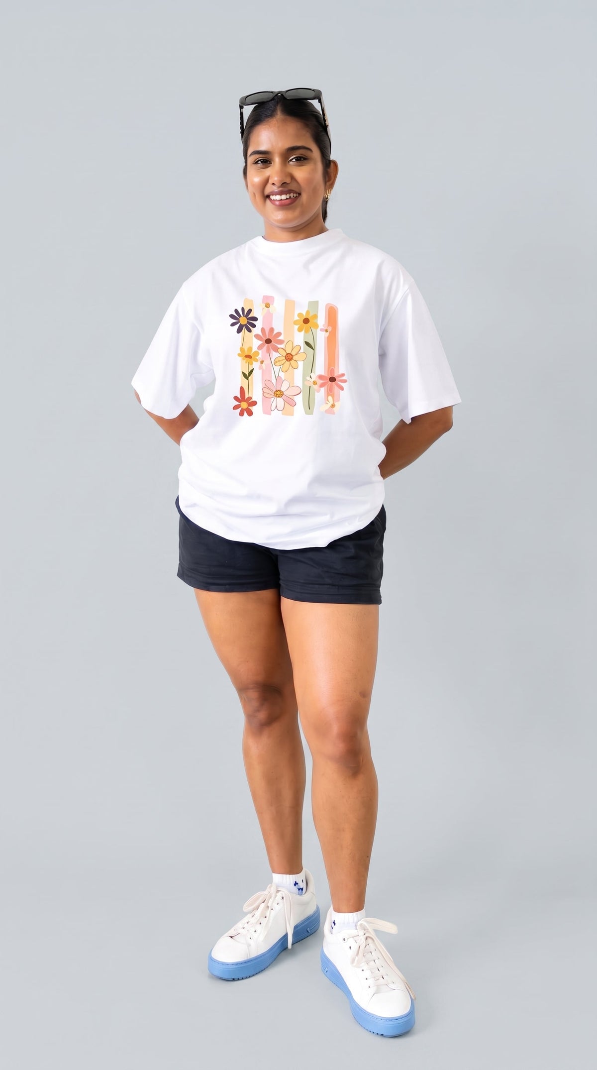 Flower Stripes Oversized Tee, full length view